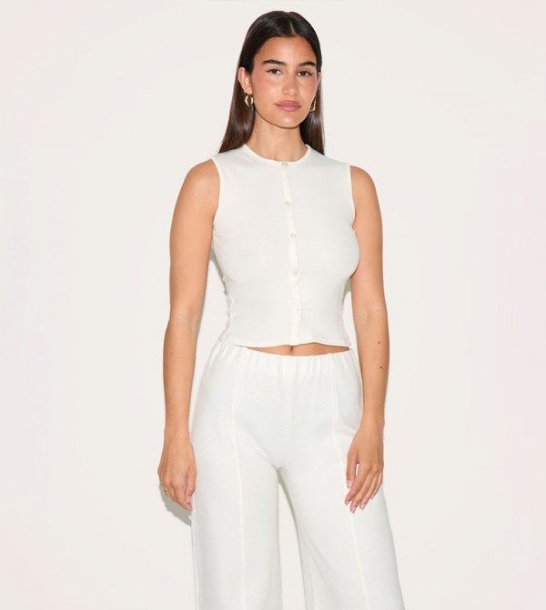 Soft Touch Ribbed Button Down Sleeveless Crop Top