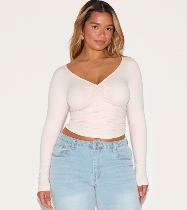 Curve Sculpt Ruched Bust Long Sleeves Top