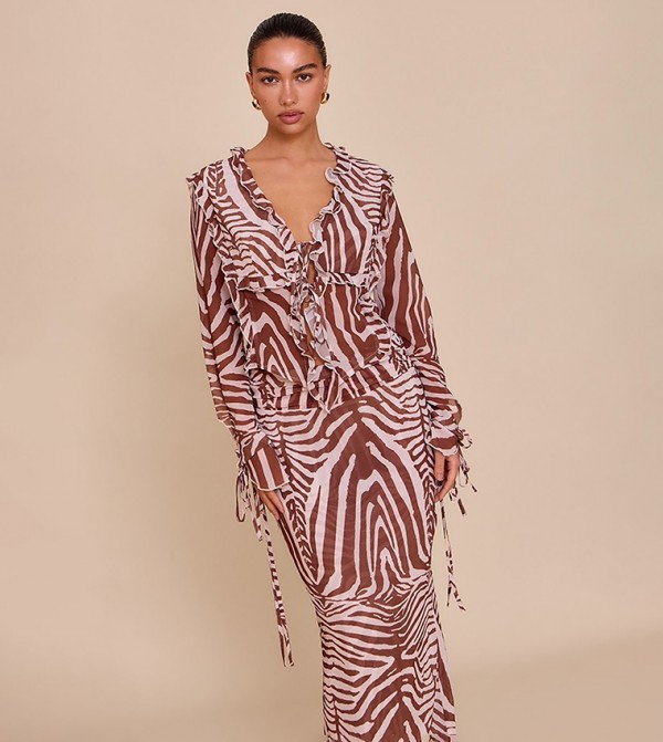 Zebra Print Chiffon Ruffle Tie Front Top