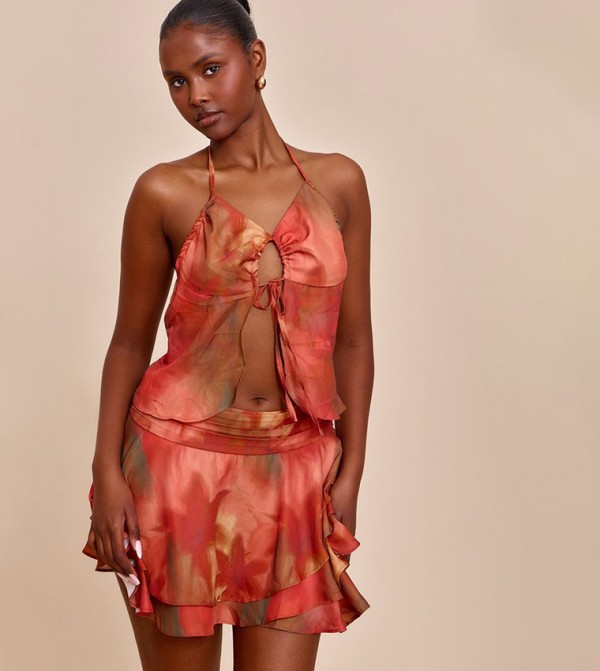 Floral Printed Split Hem Halterneck Cami Top