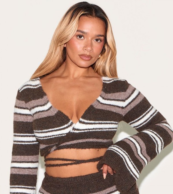 Shape Brushed Striped Knit Tie Front Crop Top