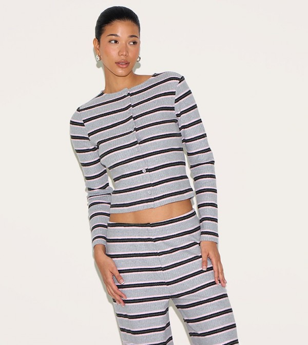 Brushed Rib Striped Long Sleeves Button Up Top