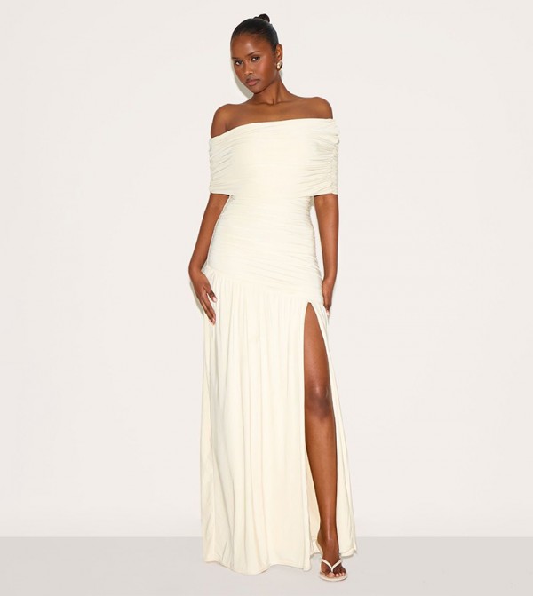 Double Layer Slinky Bardot One Shoulder Ruched Maxi Dress