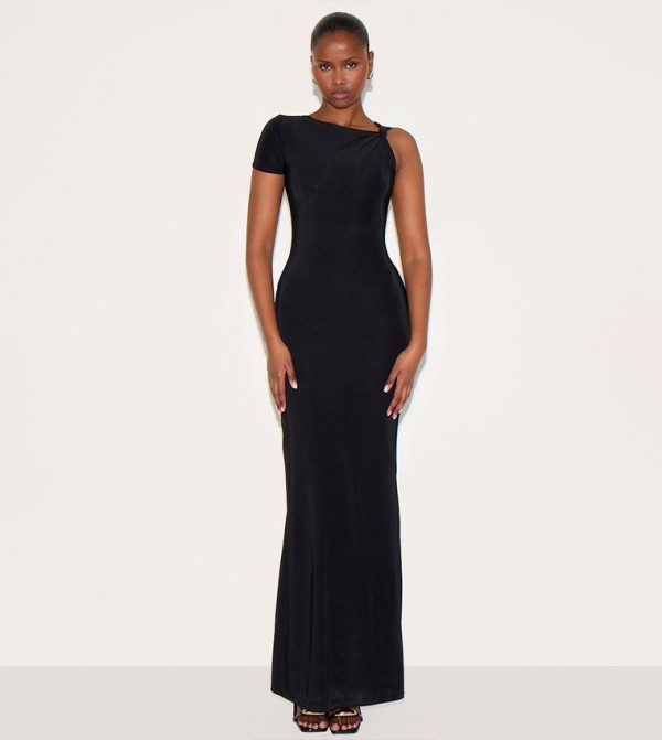 Double Layer Slinky Knot Shoulder Cap Sleeves Maxi Dress
