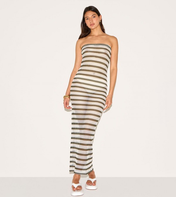 Textured Striped Strapless Maxi Dress