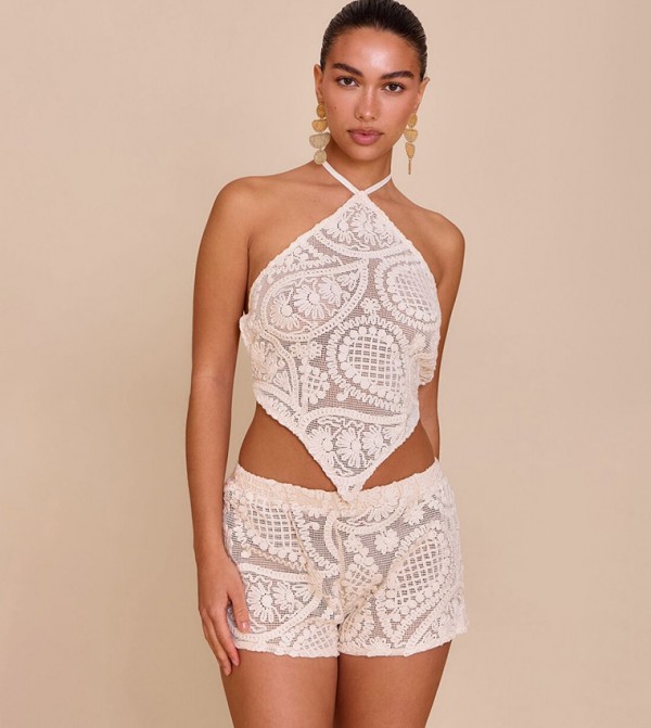 Textured Embroidered Mid Rise Mini Shorts