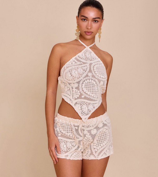 Textured Embroidered Mid Rise Mini Shorts