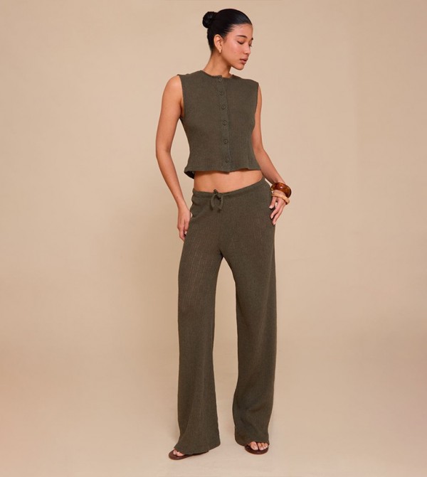 Textured Mid Rise Wide Leg Trousers