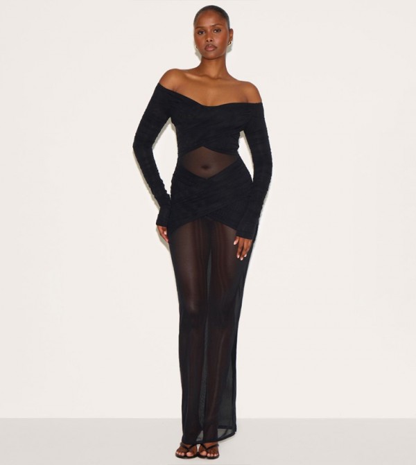 Bandage Mesh Bardot Layered Ruched Maxi Dress