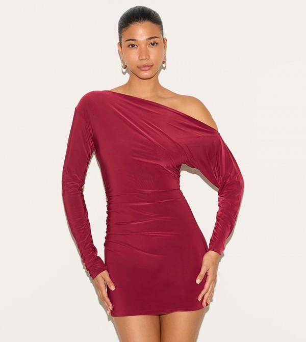 Double Layer Slinky Asymmetric Off The Shoulder Mini Dress