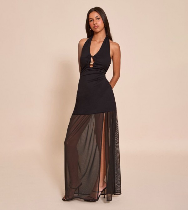 Petite Halterneck Trim Detail Mesh Panel Maxi Dress