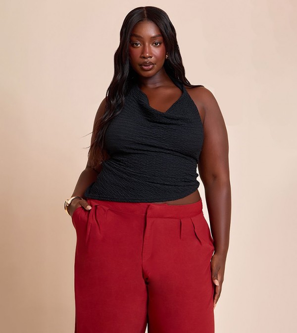 Curve Textured Cowl Neck Asymmetric Hem Crop Top
