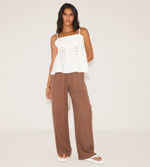 Linen Blend Drawstring Waist Tie Straight Fit Trousers