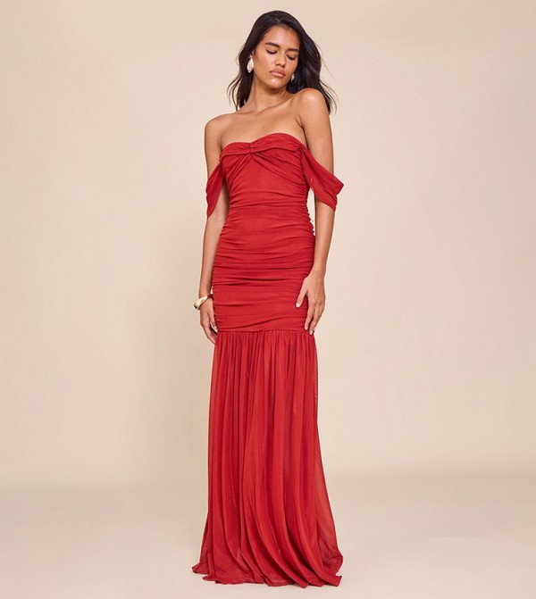 Deep Mesh Bardot Ruched Detail Maxi Dress