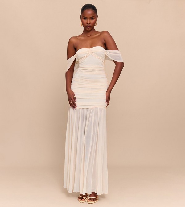 Mesh Bardot Ruched Detail Maxi Dress