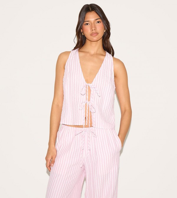 Striped Sleeveless Tie Front Top