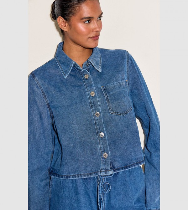 Washed Relaxed Fit Long Sleeves Cropped Denim Shirt