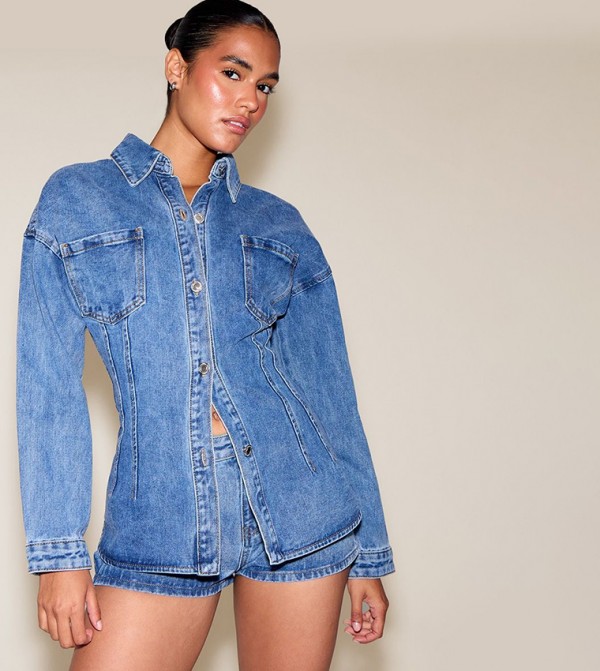 Washed Seam Detail Cinch Waist Denim Jacket