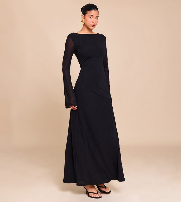 Chiffon Boat Neck Long Sleeve Maxi Dress