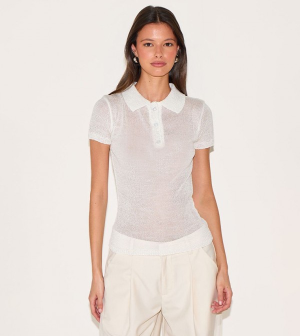 Sheer Knit Short Sleeves Polo T-Shirt