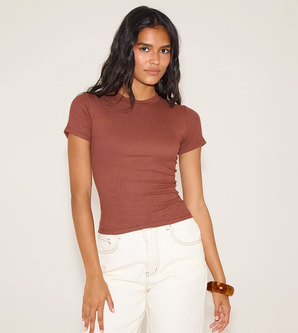 Soft Ribbed Crew Neck Short Sleeves Top