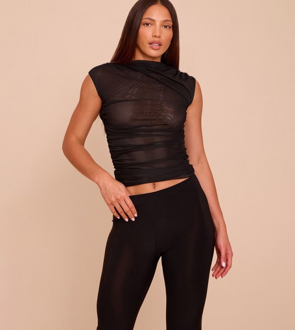 Tall Double Layer Mesh Ruched Detail Crop Top