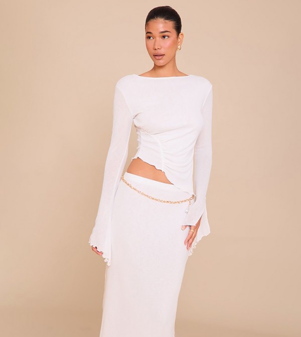 Burnout Mesh Ruched Front Flared Sleeves Crop Top