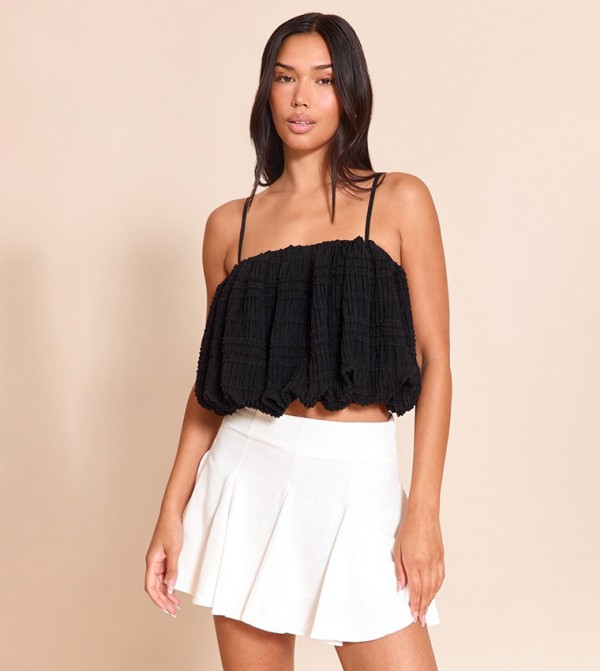 Linen Look Pleated Detail Mini Skirt