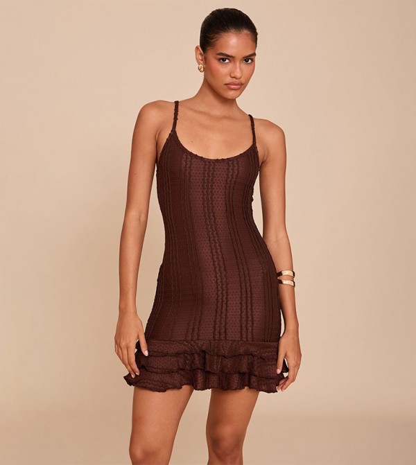 Textured Strappy Frill Hem Bodycon Dress