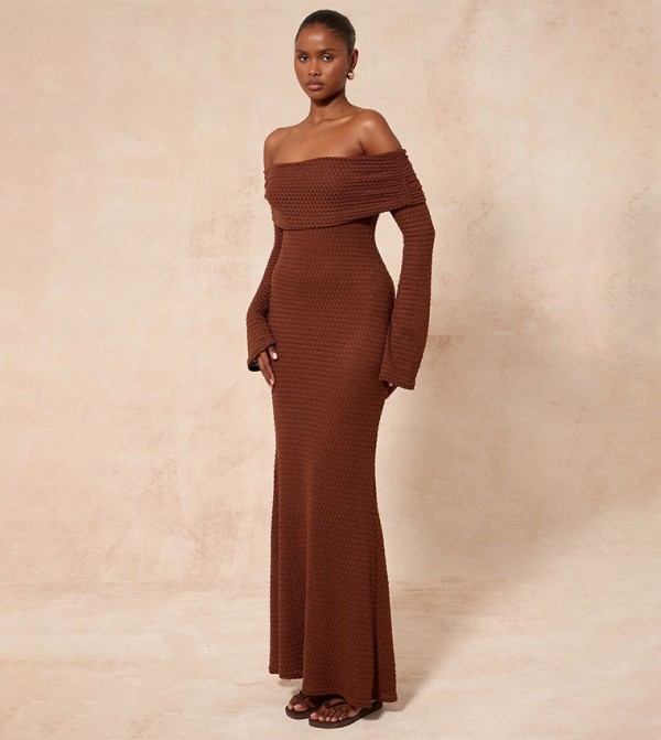 Textured Extreme Bardot Long Sleeve Maxi Dress