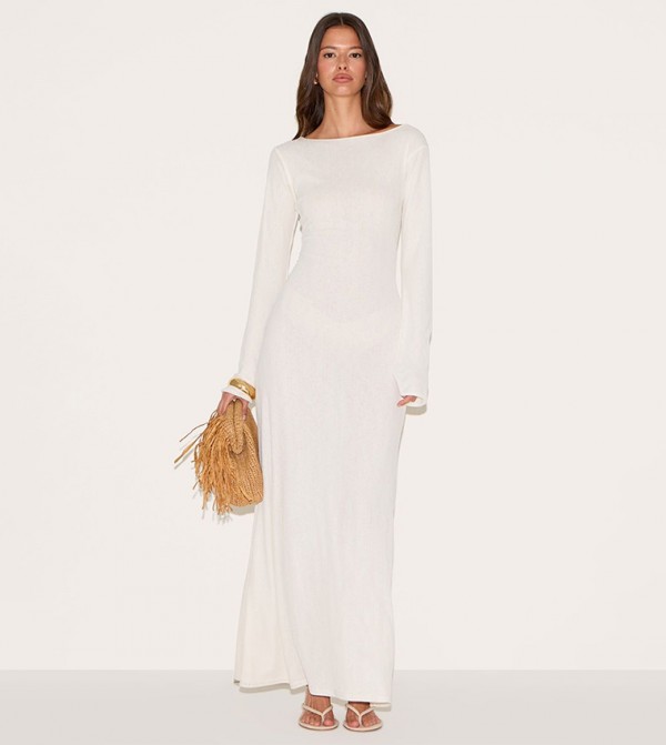 Textured Boat Neck Long Sleeves Bodycon Maxi Dress