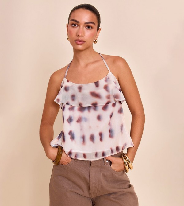 Printed Chiffon Halterneck Cami Crop Top