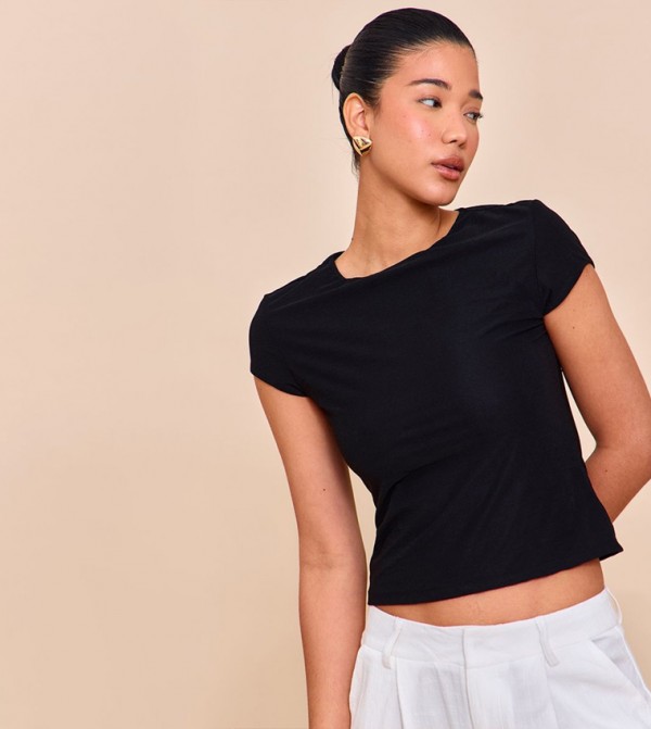 Stretch Chiffon Short Sleeves Crop T-Shirt
