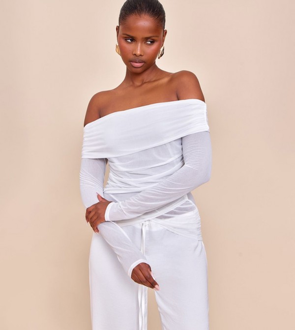 Stretch Chiffon Ruching Bardot Detail Long Sleeves Top