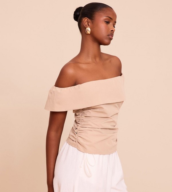 Woven Bardot Ruched Side Top
