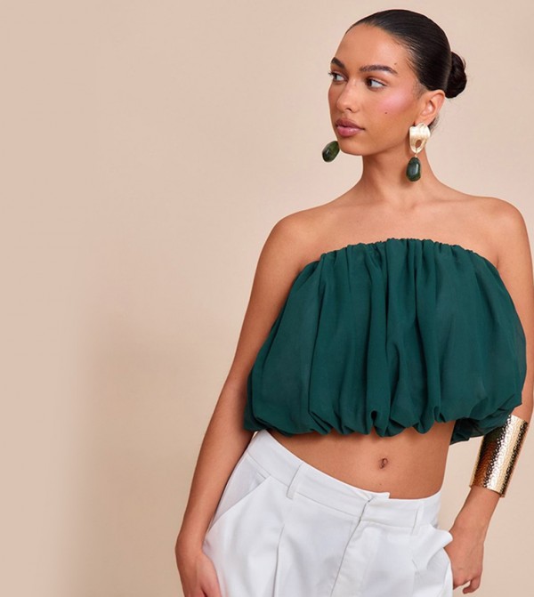 Chiffon Puff Ball Bandeau Crop Top