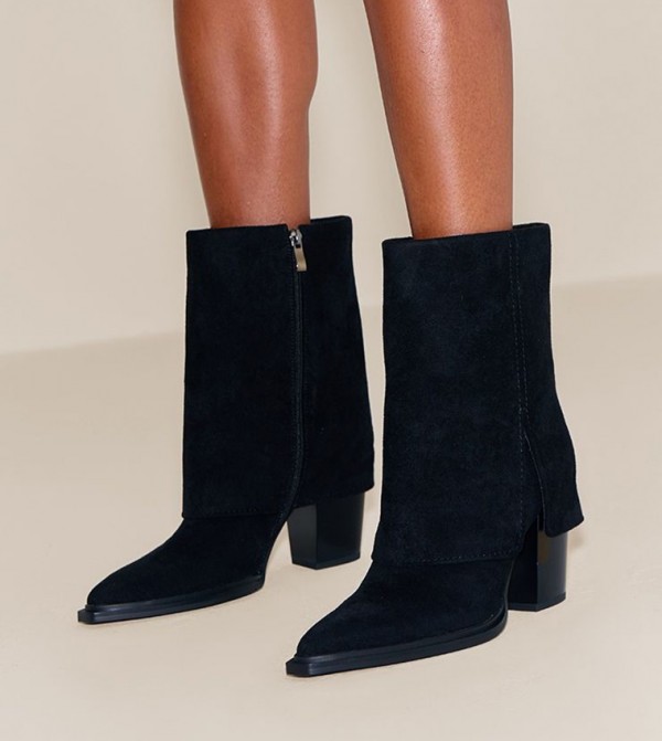 Faux Suede Zip Up Heeled Ankle Cowboy Boots