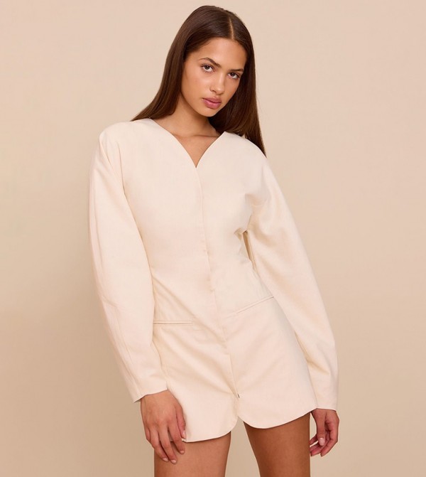 Balloon Sleeves Collarless Mini Blazer Dress