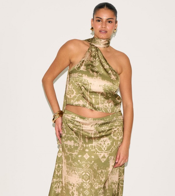 Curve Printed Satin Scarf Detail Crop Top