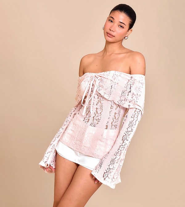 Fitted Lace Flared Sleeves Bardot Top