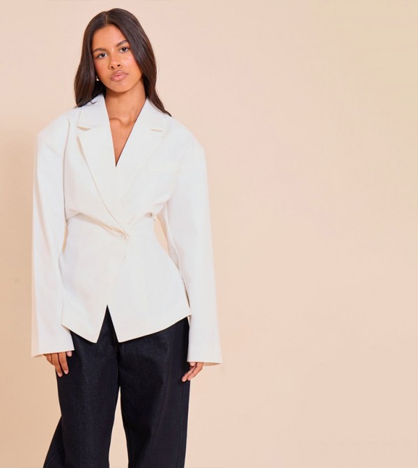 Petite Linen Look Cinched Waist Blazer