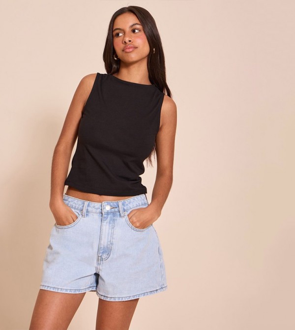 Petite Soft Boat Neck Sleeveless Crop Top