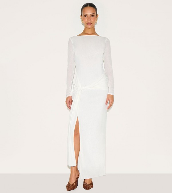 Petite Long Sleeves Sheer Tie Front Maxi Dress