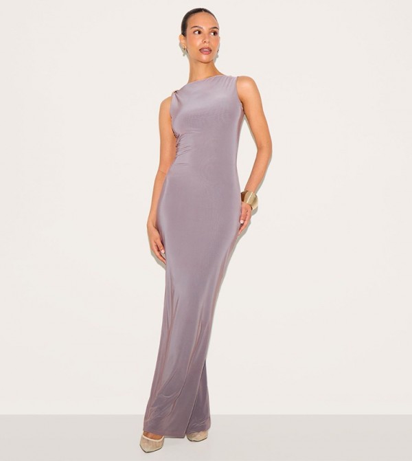 Petite Asymmetric Shoulder Gold Detail Maxi Dress