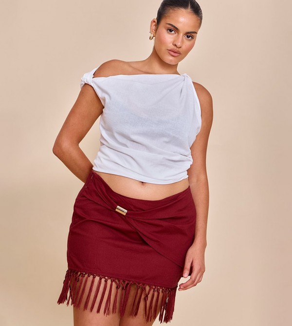 Curve Linen Gold Trim Tassel Hem Mini Skirt