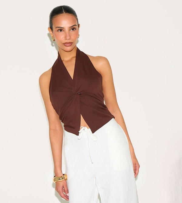 Petite Halterneck Twist Detail Crop Top