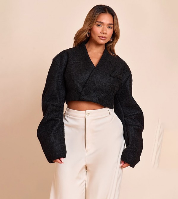 Shape Wool Look Wrap Over Cocoon Sleeves Cropped Jacket