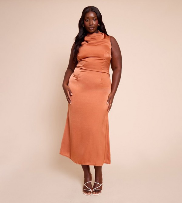 Curve Satin Boat Neck Fishtail Midi Dress