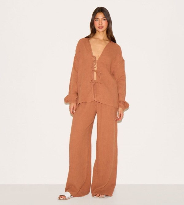 Cheesecloth Textured Wide Leg Trousers