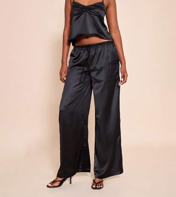 Satin Mid Rise Drawstring Waist Wide Leg Trousers